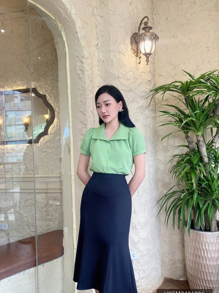 Áo sơ mi cổ nhẵn tay phồng UK Fashion, chất liệu mát, không nhăn, thấm hút mồ hôi, thời trang nữ, công sở UKSM2401006