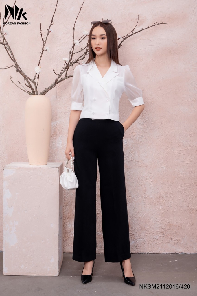 Áo Sơ Mi Cổ Vest Giao Cúc Phối Tơ Ánh  NKSM2112016