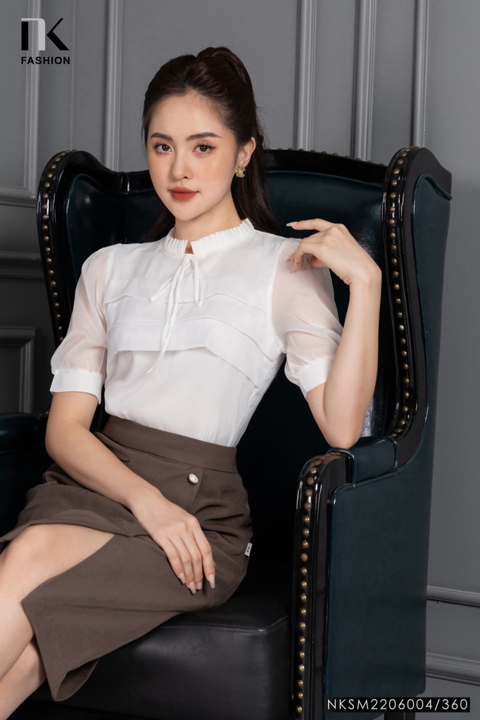 Áo Sơ Mi Nữ NK Fashion Thiết Kế Phối Tơ Thân Xếp Tay Bồng, Chất Vải Nhập Hàn Cao Cấp NKSM2206004