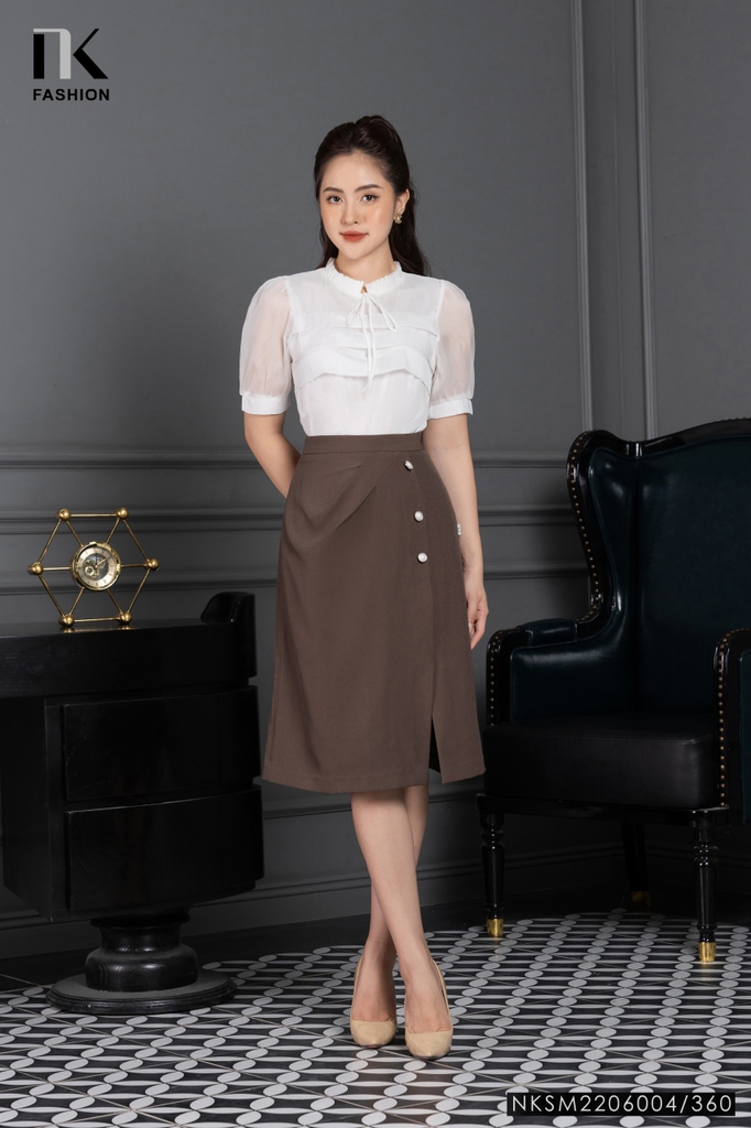 Áo Sơ Mi Nữ NK Fashion Thiết Kế Phối Tơ Thân Xếp Tay Bồng, Chất Vải Nhập Hàn Cao Cấp NKSM2206004