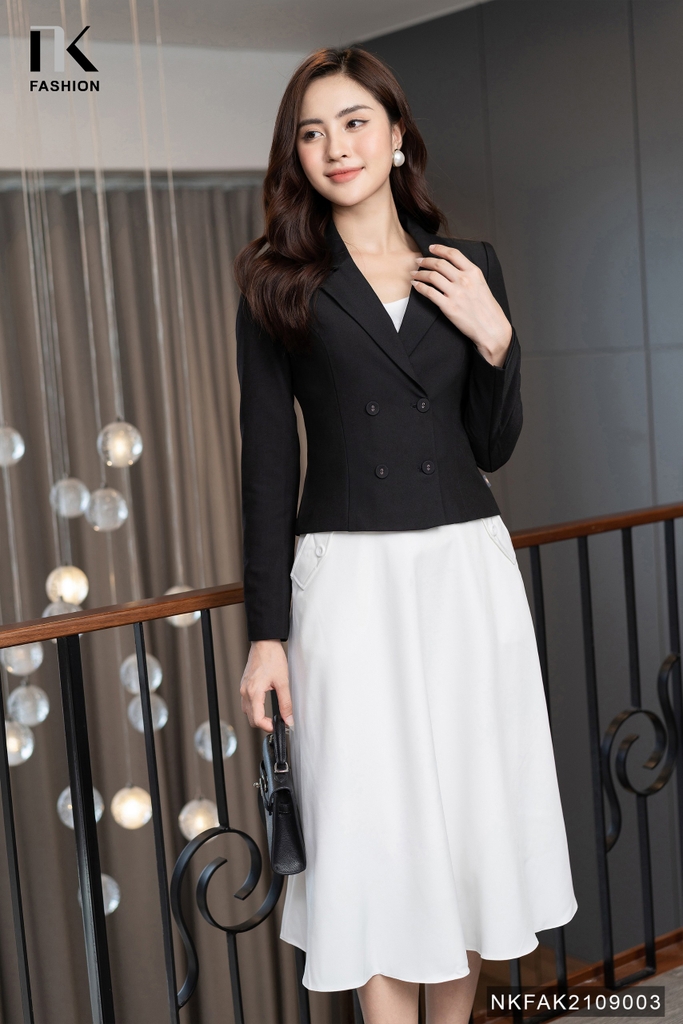 Áo Vest Công Sở Nữ NK Fashion Thiết Kế Dáng Lửng Dài Tay Kèm Cúc Bọc, Chất Liệu Nhập Hàn Cao Cấp NKFAK2109003
