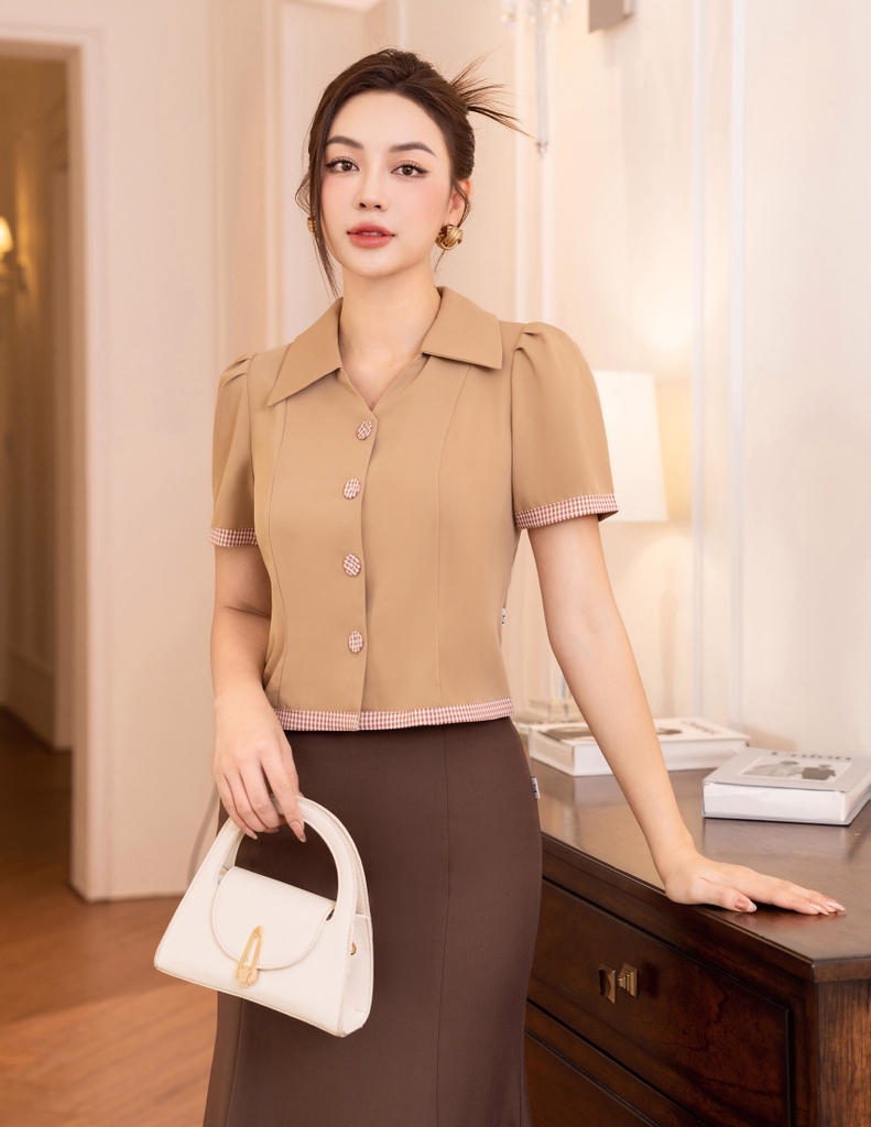 NK FASHION Áo Sơ Mi Cộc Tay V Cổ Phối Cổ NKSM2305005