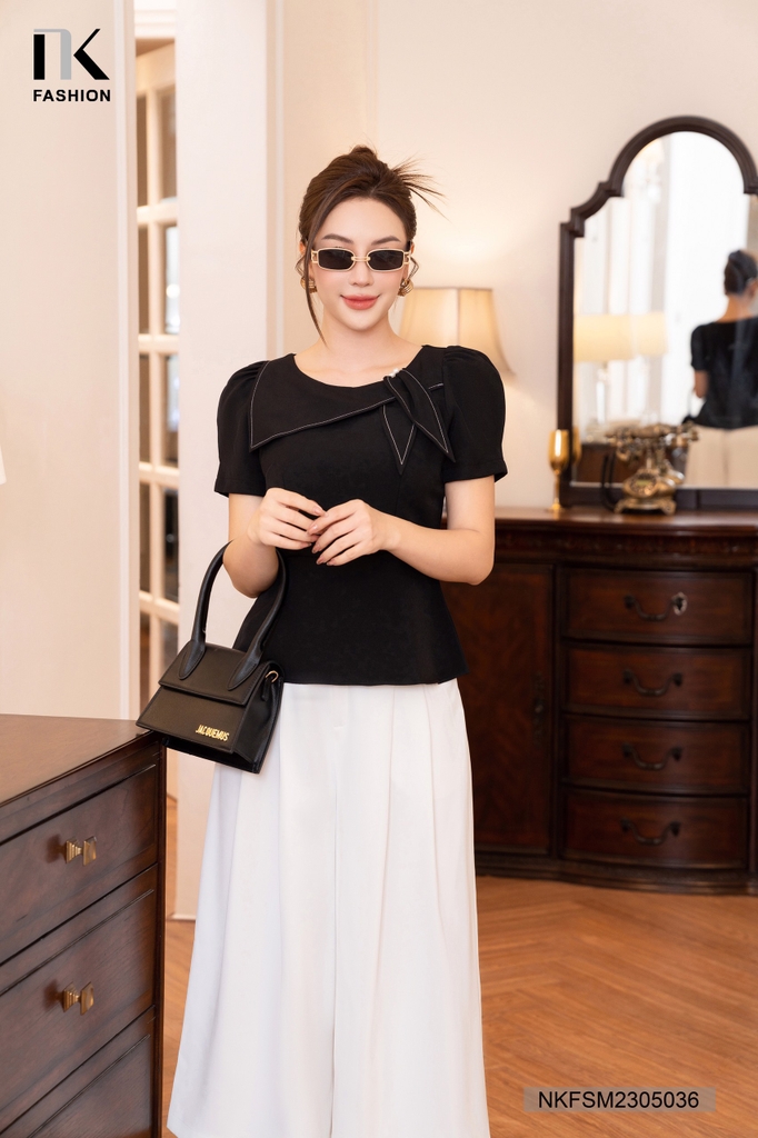NK FASHION Áo Sơ Mi Dáng Peplum Vạt Chéo Nơ NKFSM2305036
