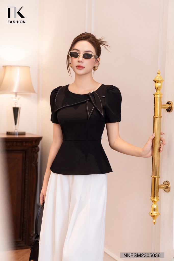 NK FASHION Áo Sơ Mi Dáng Peplum Vạt Chéo Nơ NKFSM2305036