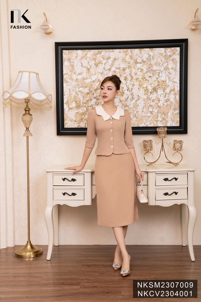 Áo Sơ Mi Tay Lỡ Phối Cổ Xẻ Cúc Bọc NKSM2307009