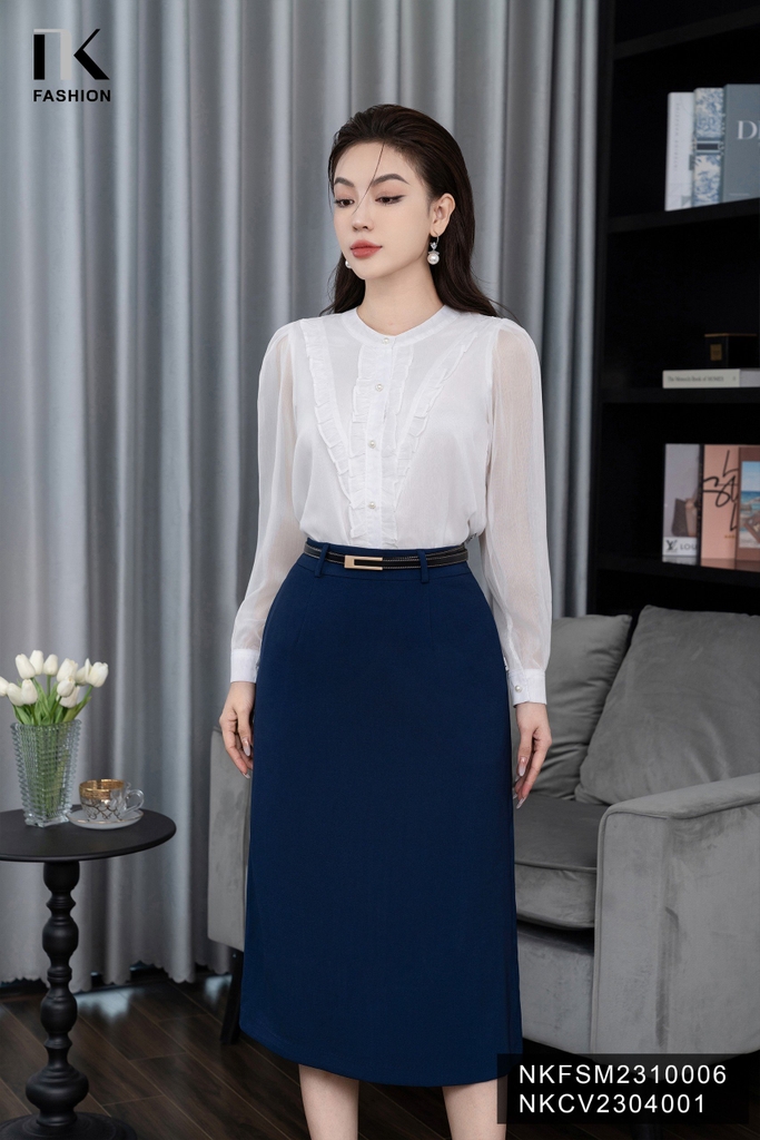 Áo Sơ Mi Dáng Suông Tơ Bèo V Dọc Nẹp, Thời Trang Công Sở NKFSM2310006
