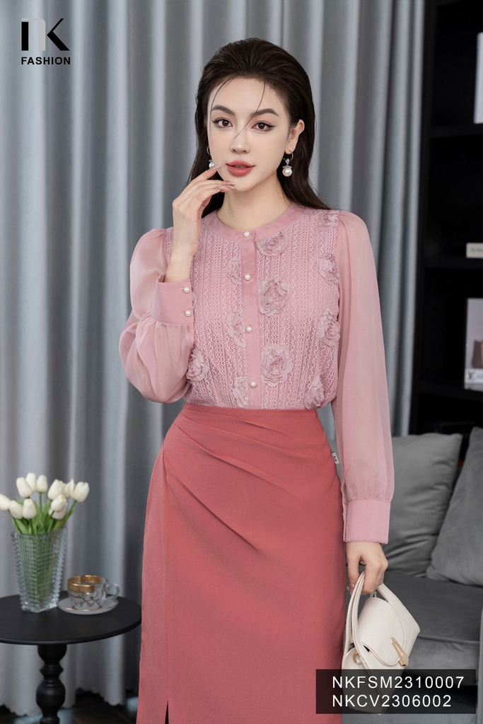 Áo Sơ Mi Dáng Suông Ren Hoa 3D Phối Tay NKFSM2310007