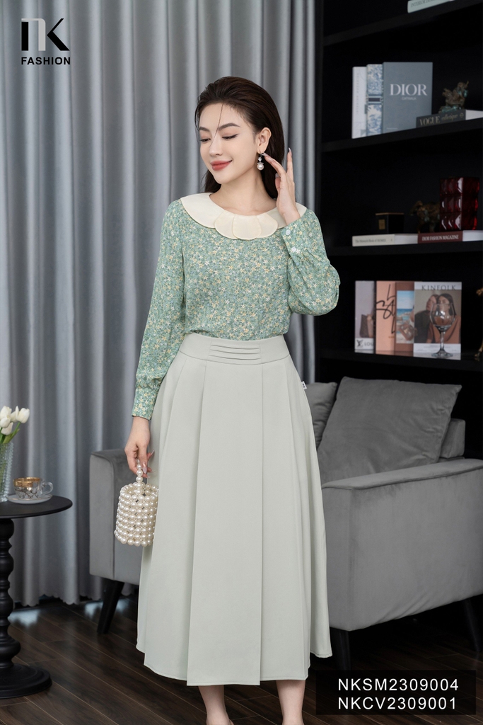 Áo Sơ Mi Hoa Dài Tay Phối Cổ Tơ NKSM2309004