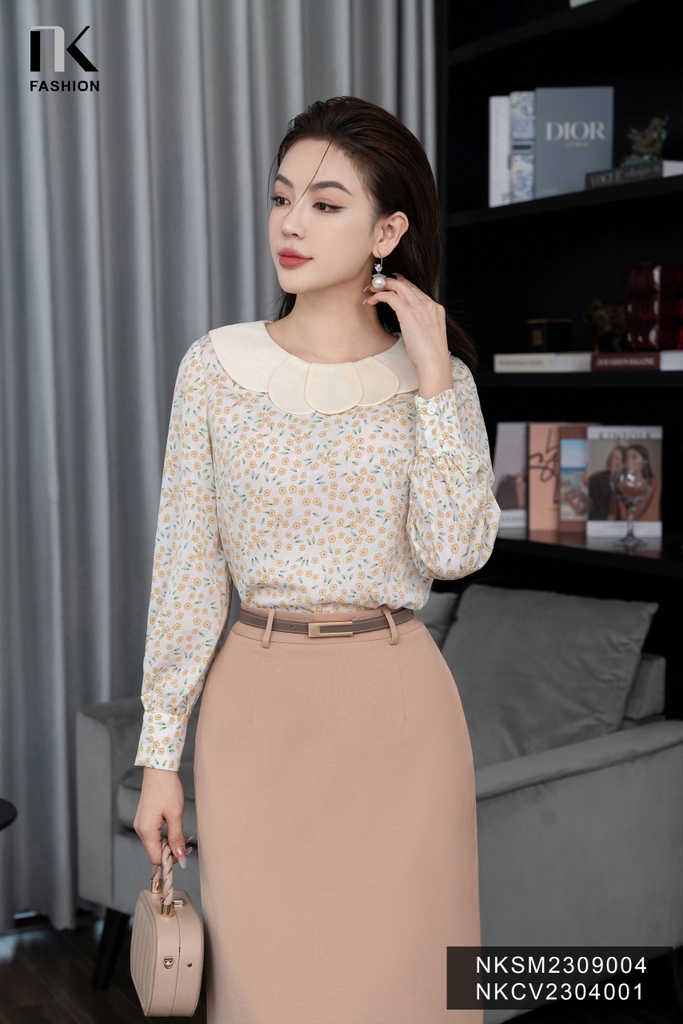 Áo Sơ Mi Hoa Dài Tay Phối Cổ Tơ NKSM2309004