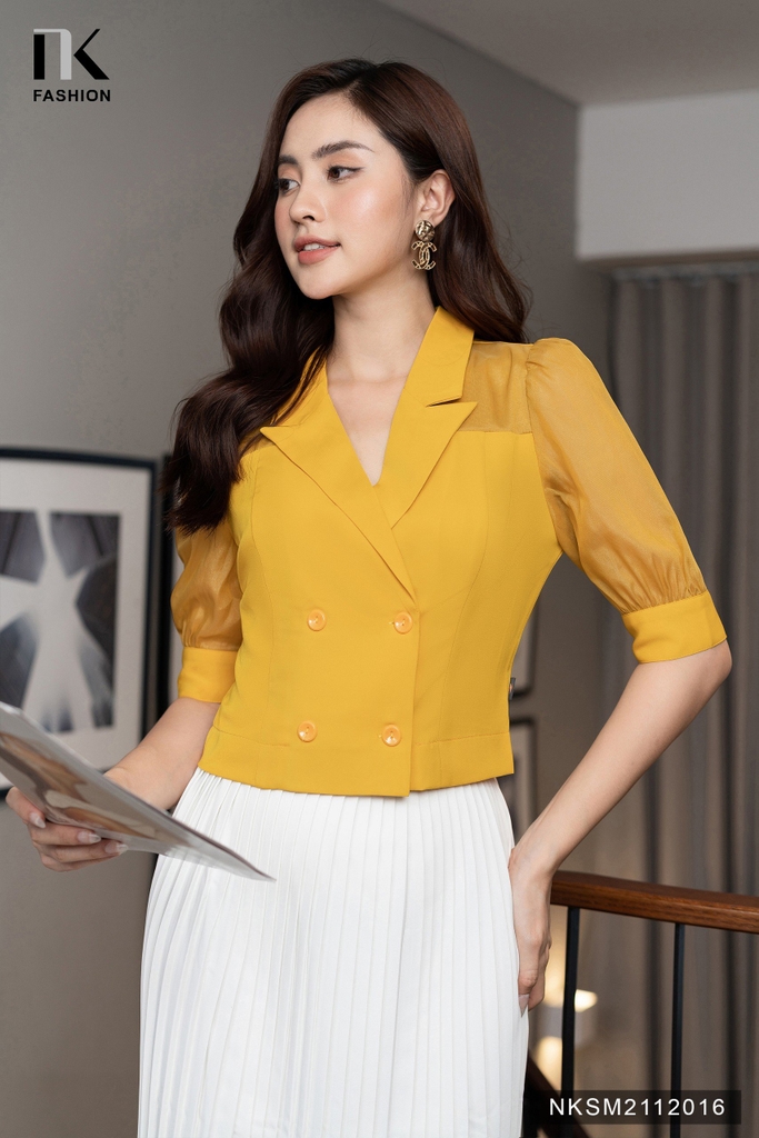 Áo Sơ Mi Cổ Vest Giao Cúc Phối Tơ Ánh  NKSM2112016
