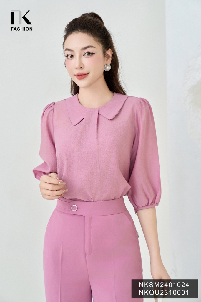 NK Fashion Áo Sơ Mi Cổ Sen Xếp Ly Giữa Cổ Trẻ Trung, Thanh Lịch NKSM2401024