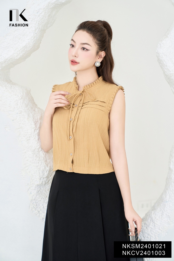 NK Fashion Áo Sơ Mi Sát Nách Bèo Cổ Xếp Ly Ngực Thời Trang Trẻ Trung, Nữ Tính NKSM2401021