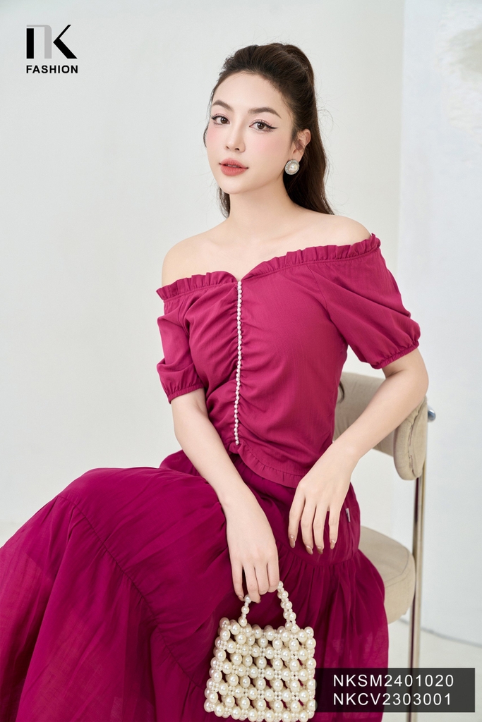 NK Fashion Áo Sơ Mi Xếp Cổ Gấu Tay Chun Dây Ngọc Tiểu Thư, Nữ Tính NKSM2401020