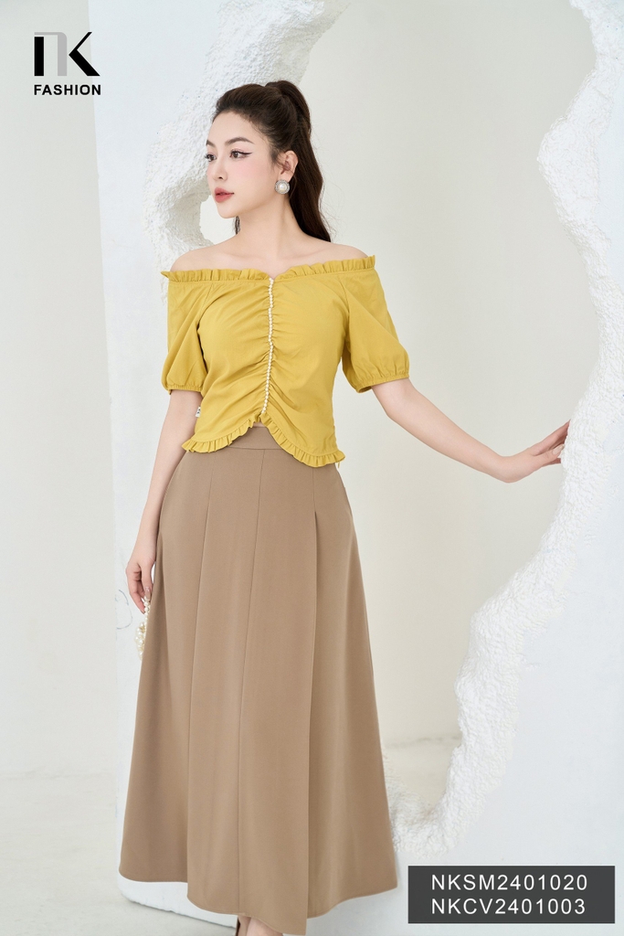 NK Fashion Áo Sơ Mi Xếp Cổ Gấu Tay Chun Dây Ngọc Tiểu Thư, Nữ Tính NKSM2401020