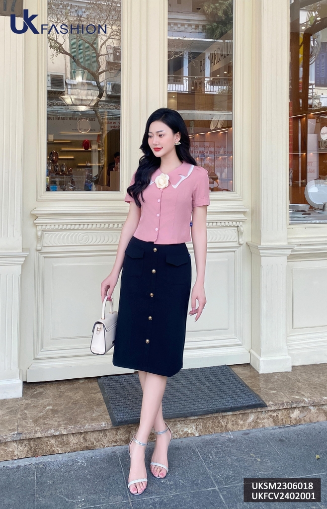 Chân váy chữ A túi ốp cúc dọc thân UK Fashion, váy qua gối công sở, basic phù hợp đi làm đi chơi UKFCV2402001