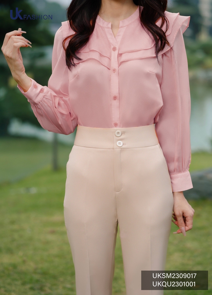 Sơ Mi Cổ Tàu V Bèo Kẹp Tay Dài UKSM2309017 NK Fashion Thời Trang Công Sở Nữ Thanh Lịch, Nữ Tính, Phối đồ đa dạng