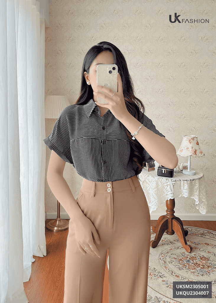 Áo Sơ Mi Nữ UK Fashion Cổ Đức Kẻ Vai Chờm Chất Vải Mềm Mịn Thoáng Mát UKSM2305001