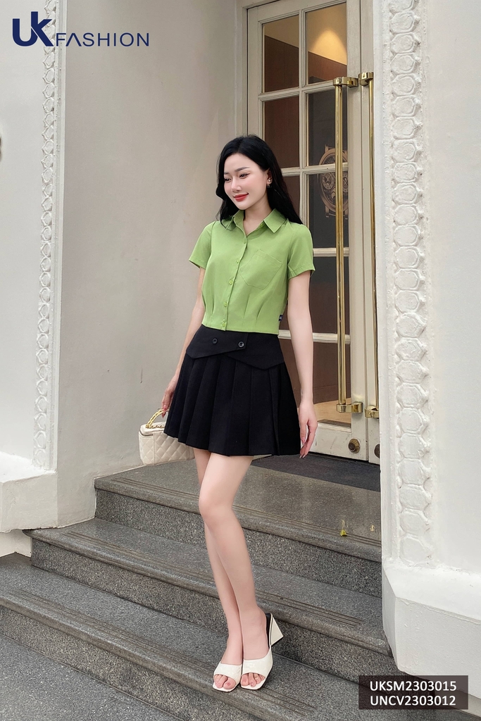 Áo Sơ Mi Cổ Đức Croptop NK Fashion Túi Ngực Thiết Kế Lệch Trẻ Trung Năng Động Chất Vải Thoáng Mát Mềm Mịn UKSM2303015