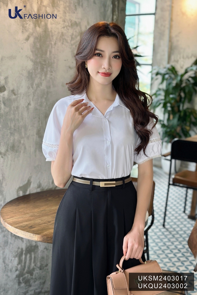 UK Fashion Áo Sơ Mi Raglan Cổ Đức Phối Ren Nhẹ Nhàng, Nữ Tính UKSM2403017
