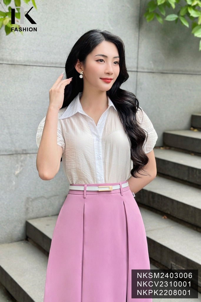 NK Fashion Áo Sơ Mi Cổ Đức Phối Ren Tay Vải Nữ Tính, Thanh Lịch NKSM2403006