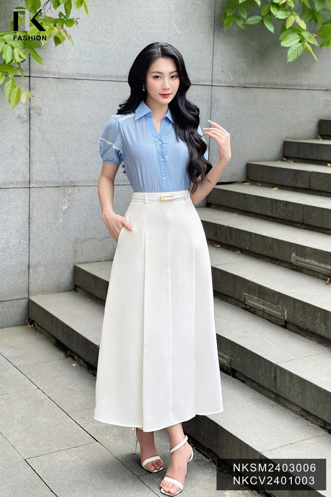 NK Fashion Áo Sơ Mi Cổ Đức Phối Ren Tay Vải Nữ Tính, Thanh Lịch NKSM2403006
