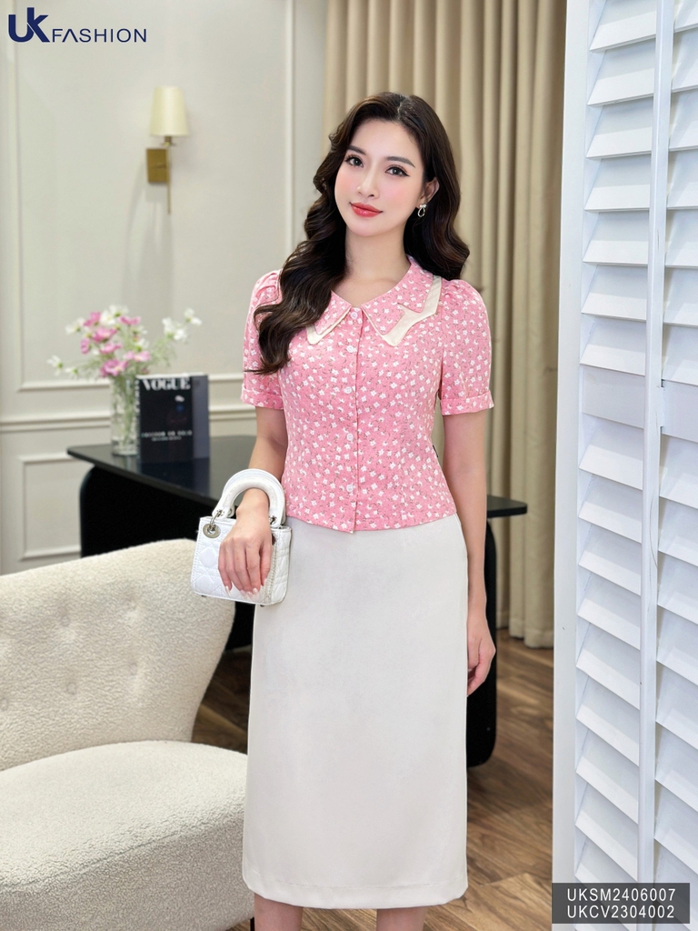 Áo Sơ Mi UK Fashion Công Sở Thiết Kế Cổ Kép, Họa Tiết Hoa Nhẹ Nhàng, Thanh Lịch, Nữ Tính UKSM2406007