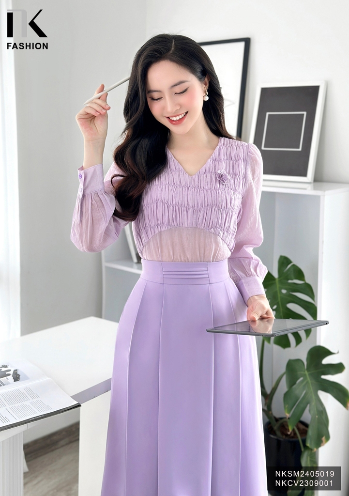 Áo Sơ Mi Cổ Tim Nhún Ngực NK Fashion Công Sở Nữ Thanh Lịch, Dịu Dàng Vải Mềm Mịn NKSM2405019