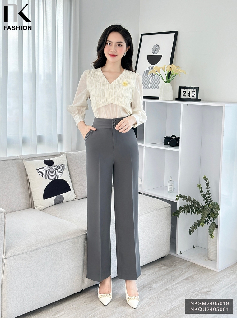 Áo Sơ Mi Cổ Tim Nhún Ngực NK Fashion Công Sở Nữ Thanh Lịch, Dịu Dàng Vải Mềm Mịn NKSM2405019