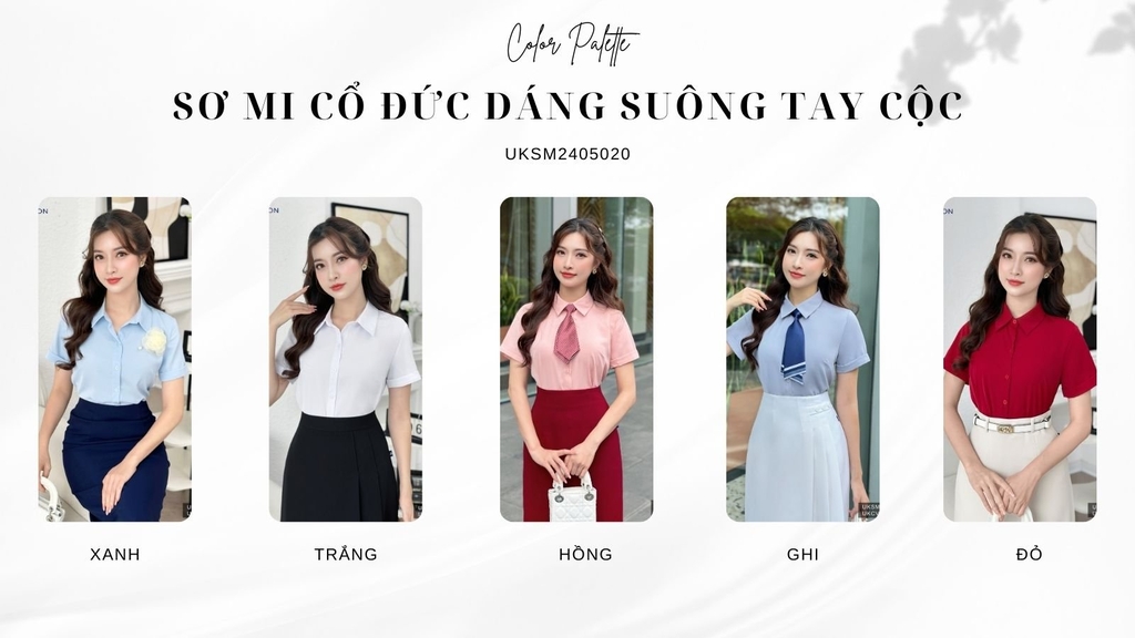 UK FASHION ÁO SƠ MI CỔ ĐỨC DÁNG SUÔNG TAY CỘC CÔNG SỞ THANH LỊCH UKSM2405020