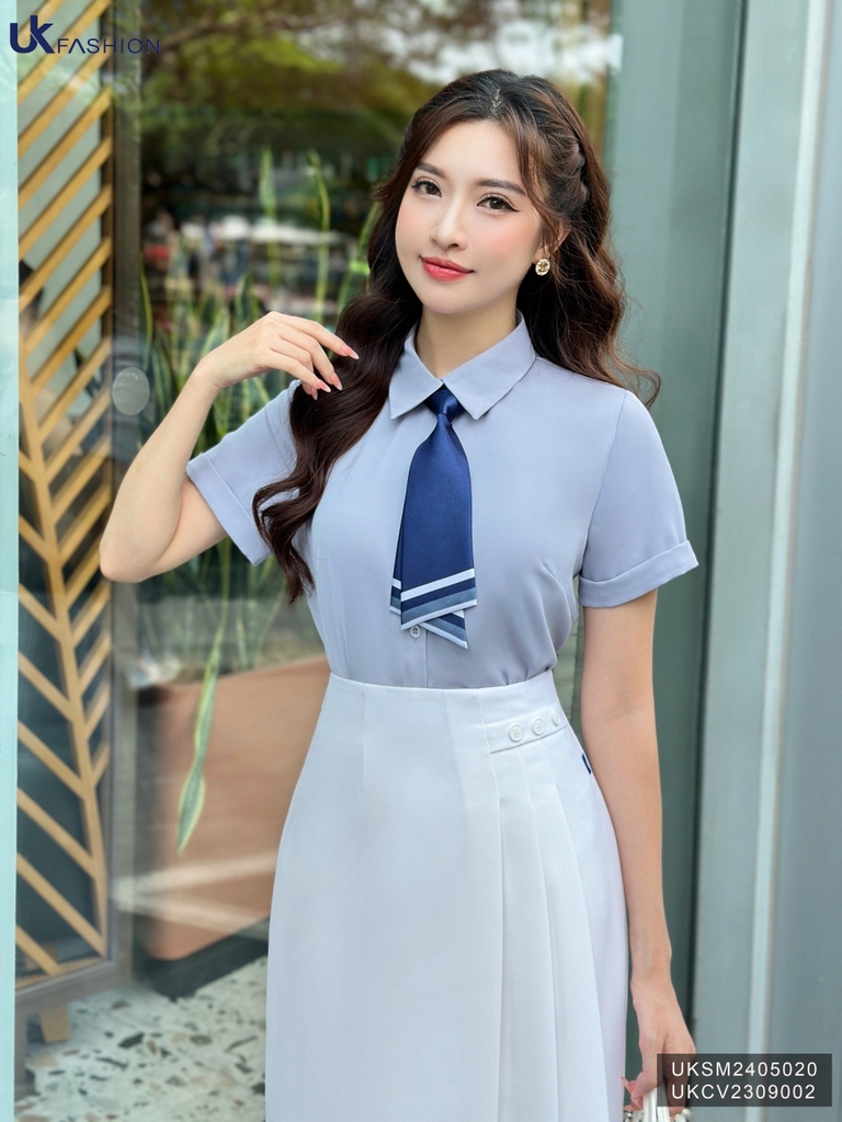 UK FASHION ÁO SƠ MI CỔ ĐỨC DÁNG SUÔNG TAY CỘC CÔNG SỞ THANH LỊCH UKSM2405020
