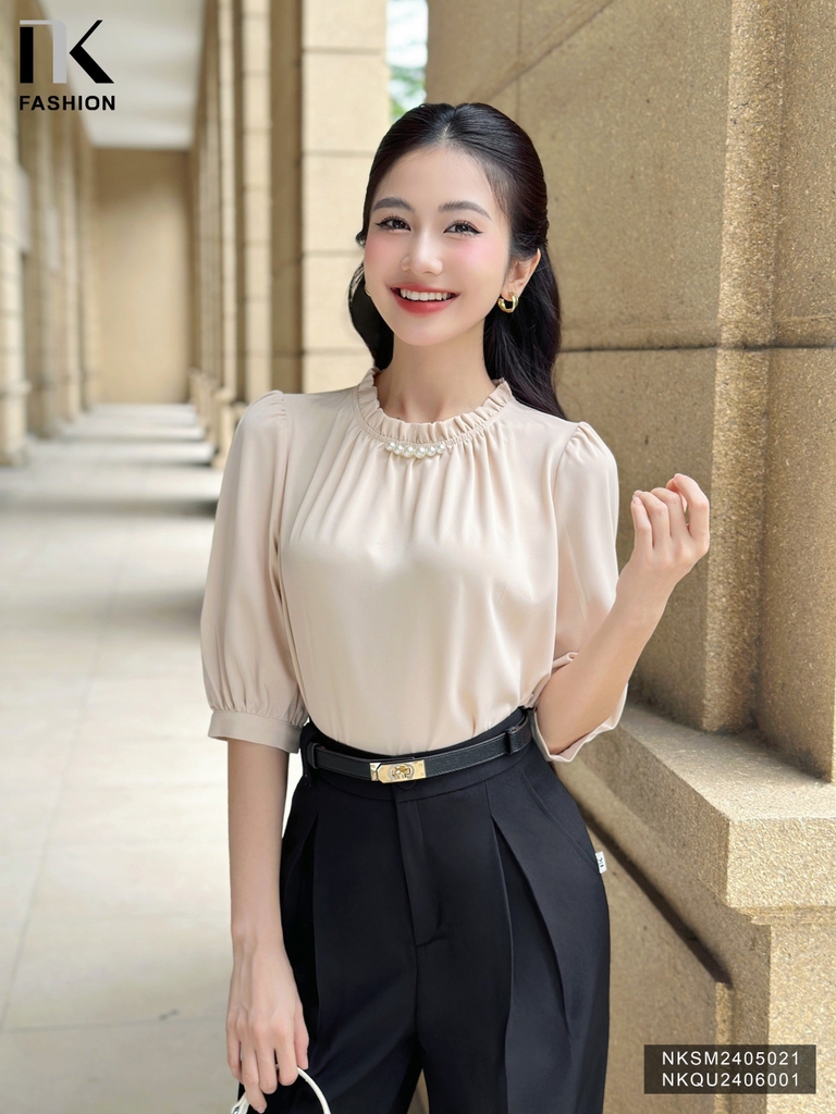 Áo Sơ Mi Cổ Bèo Đính Ngọc NK Fashion Công Sở Nữ Thanh Lịch Vải Mềm Mịn NKSM2405021