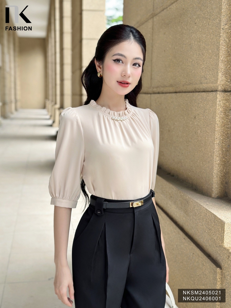 Áo Sơ Mi Cổ Bèo Đính Ngọc NK Fashion Công Sở Nữ Thanh Lịch Vải Mềm Mịn NKSM2405021