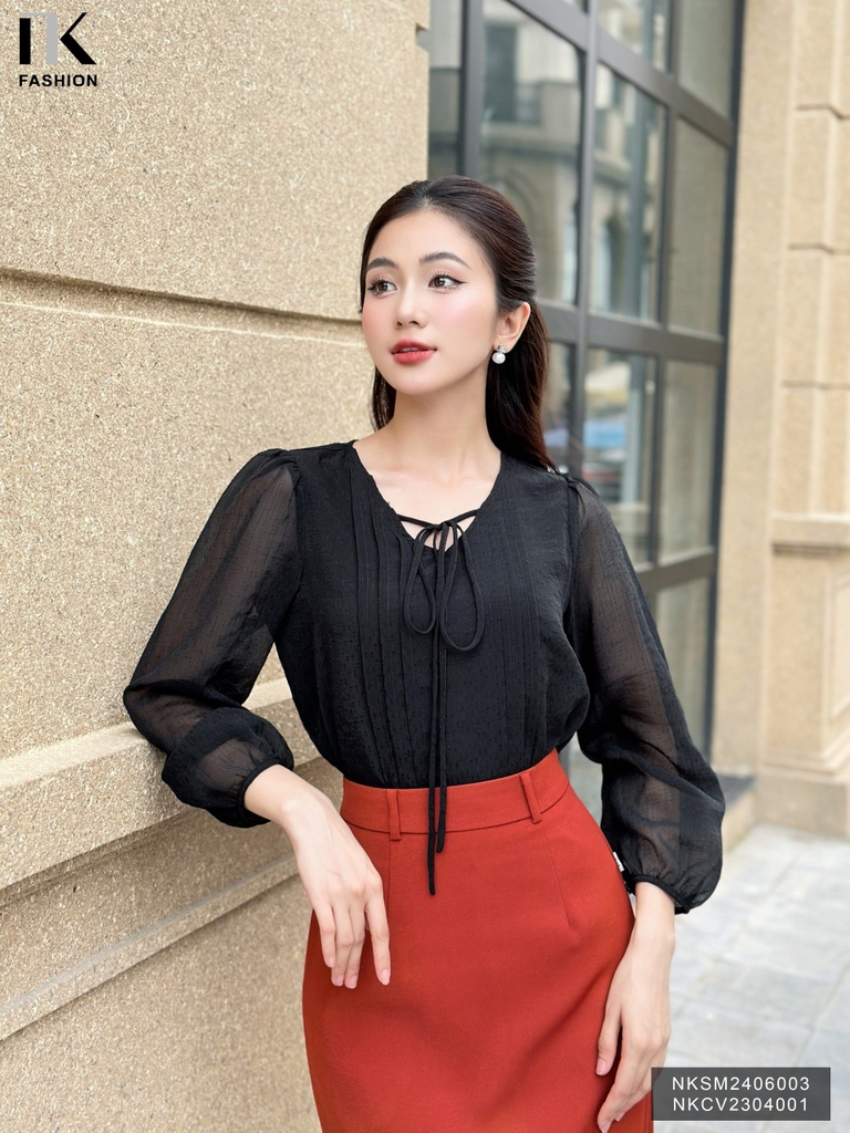 Áo Sơ Mi Cổ Tim Dài Tay Dây Buộc NK Fashion Công Sở Nữ Thanh Lịch Vải Mềm Mịn NKSM2406003