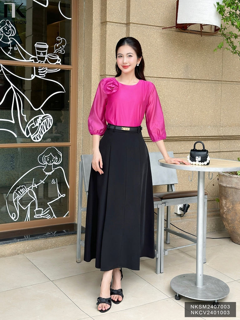 Áo Tơ Hoa Ngực Tay Lỡ NK Fashion Công Sở Nữ Thanh Lịch, Vải Mềm Mịn NKSM2407003