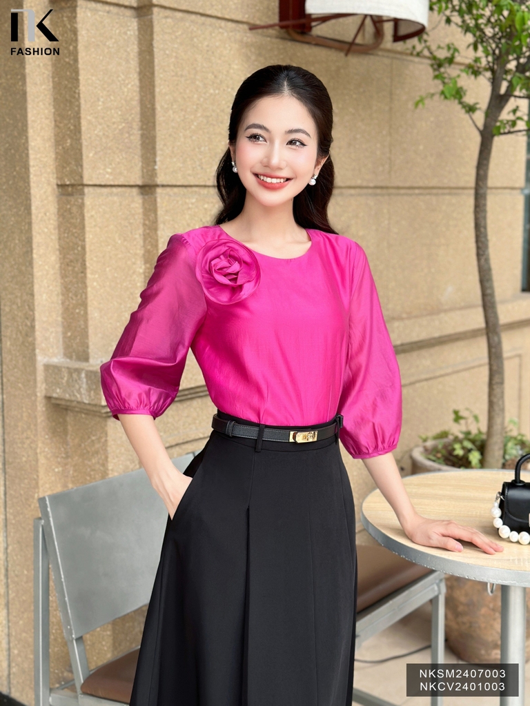 Áo Tơ Hoa Ngực Tay Lỡ NK Fashion Công Sở Nữ Thanh Lịch, Vải Mềm Mịn NKSM2407003