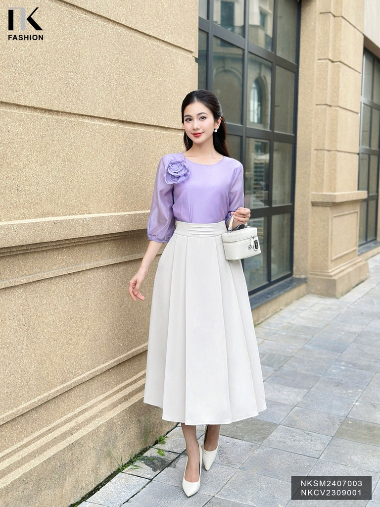 Áo Tơ Hoa Ngực Tay Lỡ NK Fashion Công Sở Nữ Thanh Lịch, Vải Mềm Mịn NKSM2407003