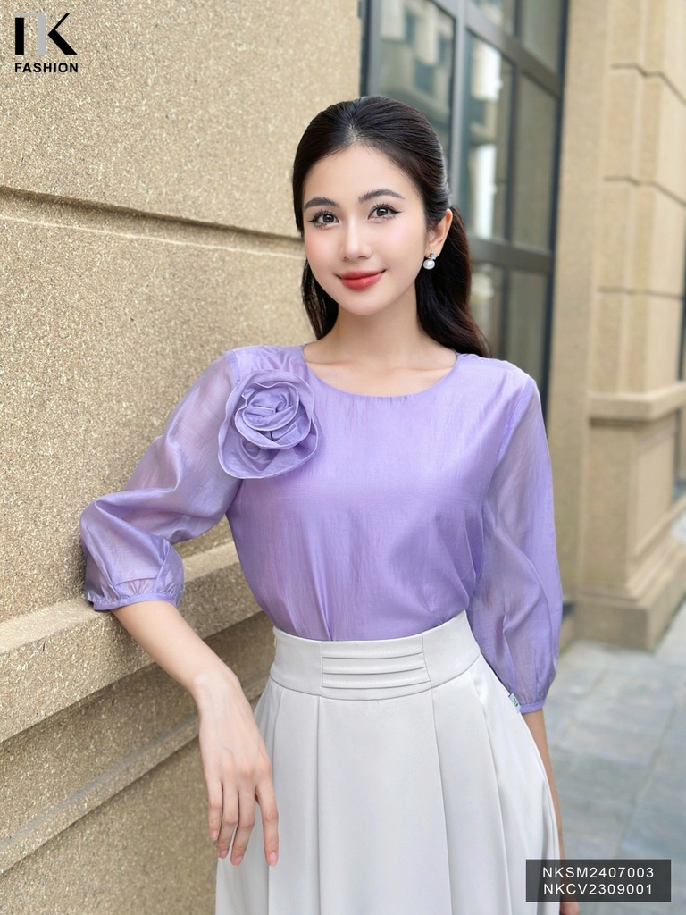 Áo Tơ Hoa Ngực Tay Lỡ NK Fashion Công Sở Nữ Thanh Lịch, Vải Mềm Mịn NKSM2407003