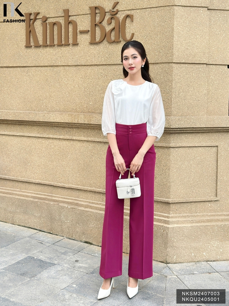 Áo Tơ Hoa Ngực Tay Lỡ NK Fashion Công Sở Nữ Thanh Lịch, Vải Mềm Mịn NKSM2407003