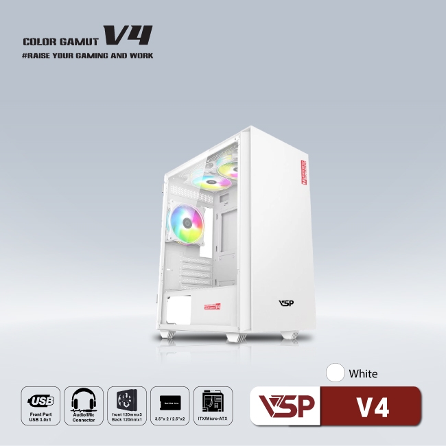 Vỏ Case máy tính VSP V4 - Trắng Hồng Xanh không FAN