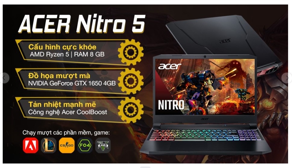 NB Acer Nitro 5 AN515-45-R6EV (NH.QBMSV.006) AMD R5-5600H/8GB RAM/512GB SSD/GFGTX1650-4GB/15.6FHD/IPS/144Hz/WC/Win11H/Đen