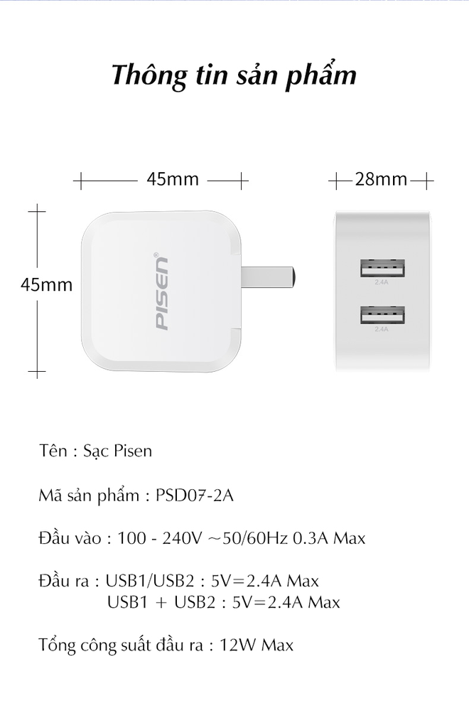 Cốc Sạc PISEN Quick Dual USB 2.4A (PSD07-2A)