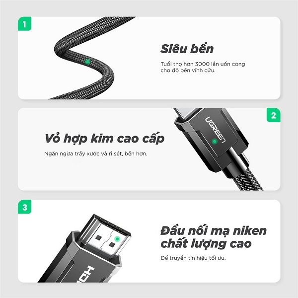 Cáp dữ liệu VIDEO HDMI 2.0 truyền âm thanh hình ảnh dài 2M có chipset Ugreen (70324)