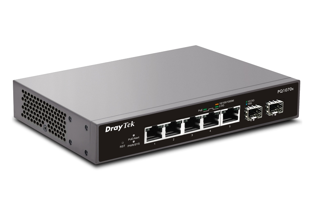 Switch PoE DrayTek VigorSwitch PQ1070x (5×2.5GbE PoE+, 2×SFP+ 10G, 75W, Smart Lite)
