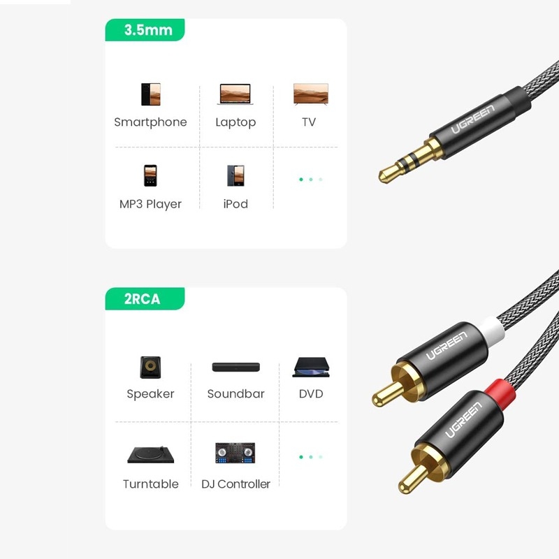 Cáp Audio 3,5mm ra 2 đầu RCA Ugreen 60240 dài 1m Bọc Nylon