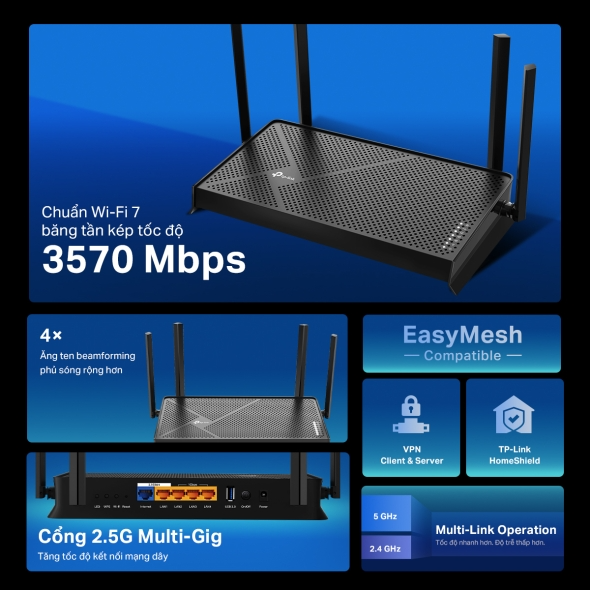Router Wi-Fi TP-Link Archer BE230 (Wi-Fi 7, BE3600, băng tần kép, 2 cổng 2.5Gbps, USB 3.0)