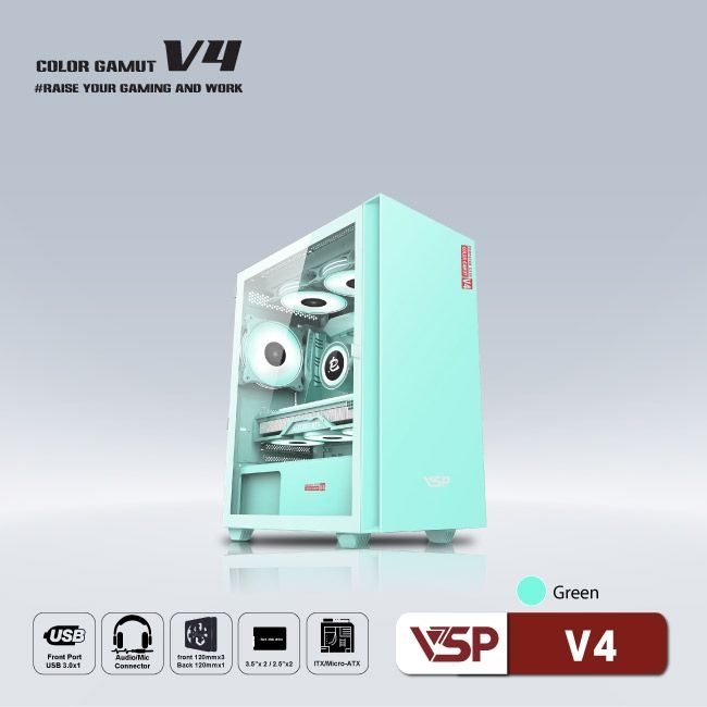 Vỏ Case máy tính VSP V4 - Trắng Hồng Xanh không FAN