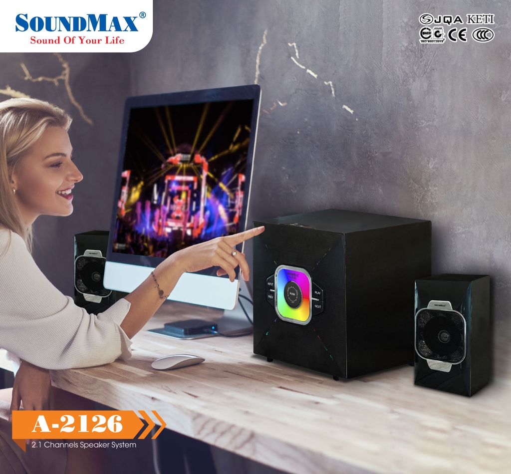 Loa SoundMax A-2126 (2.1 kênh, 54W RMS, Bluetooth 5.0, đen)