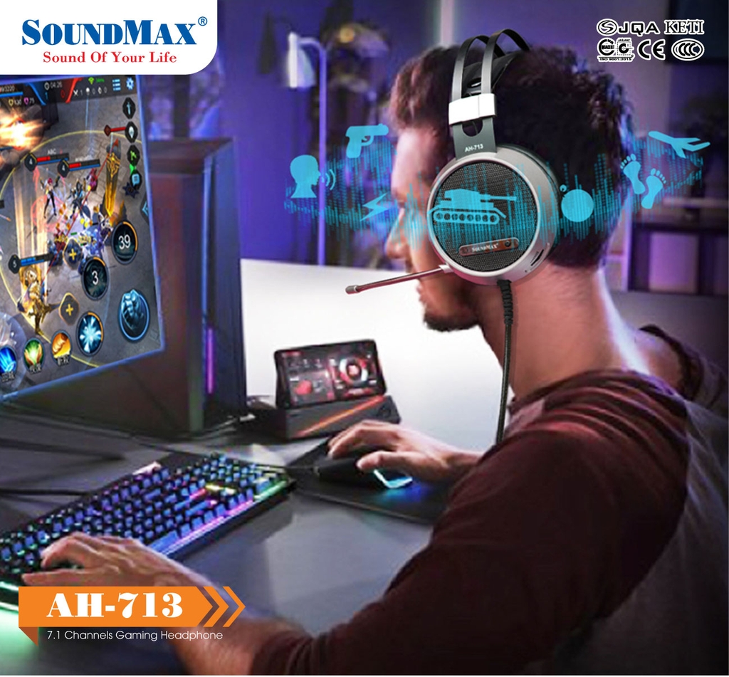 Tai nghe Gaming SoundMax AH-713 (USB, âm thanh vòm 7.1, LED)