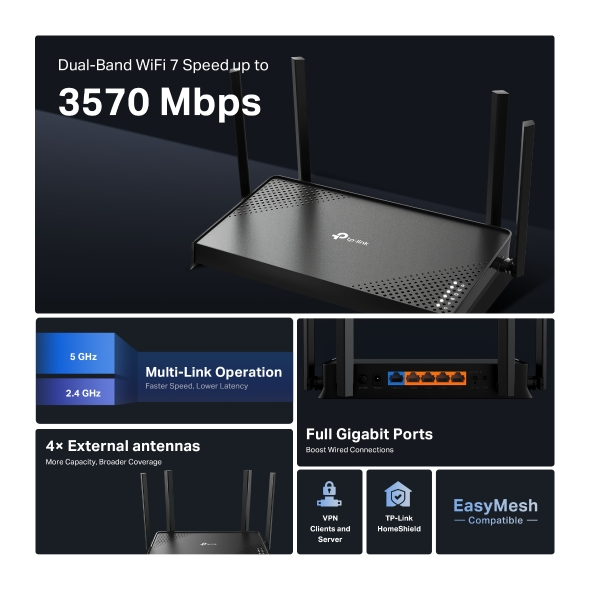 Router Wi-Fi TP-Link Archer BE220 (Wi-Fi 7, BE3600, băng tần kép, 5 cổng Gigabit)