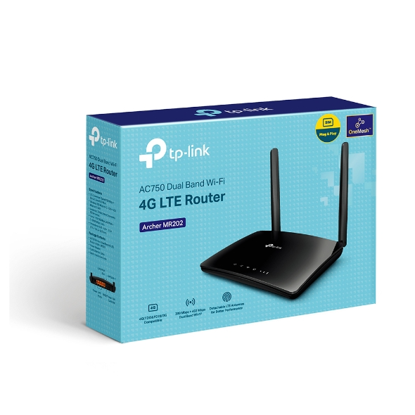 Router 4G Wi-Fi TP-Link Archer MR202 (4G LTE, AC750, băng tần kép, Nano SIM, 4 cổng LAN/WAN)
